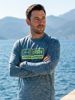 Under Armour Heathered Blue Long Sleeve Performance Tee with Green FISH Logo